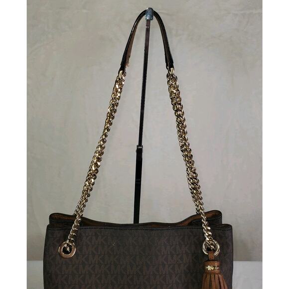 Michael Kors Jet Set Tassel Chain Tote MK Signature Brown Leather Shoulder Bag - Picture 5 of 16